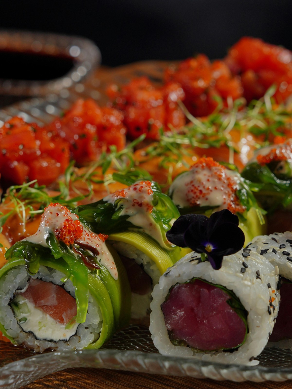 Artisan vegetarian and gluten-free sushi rolls with fresh garnishes for dietary-conscious catering