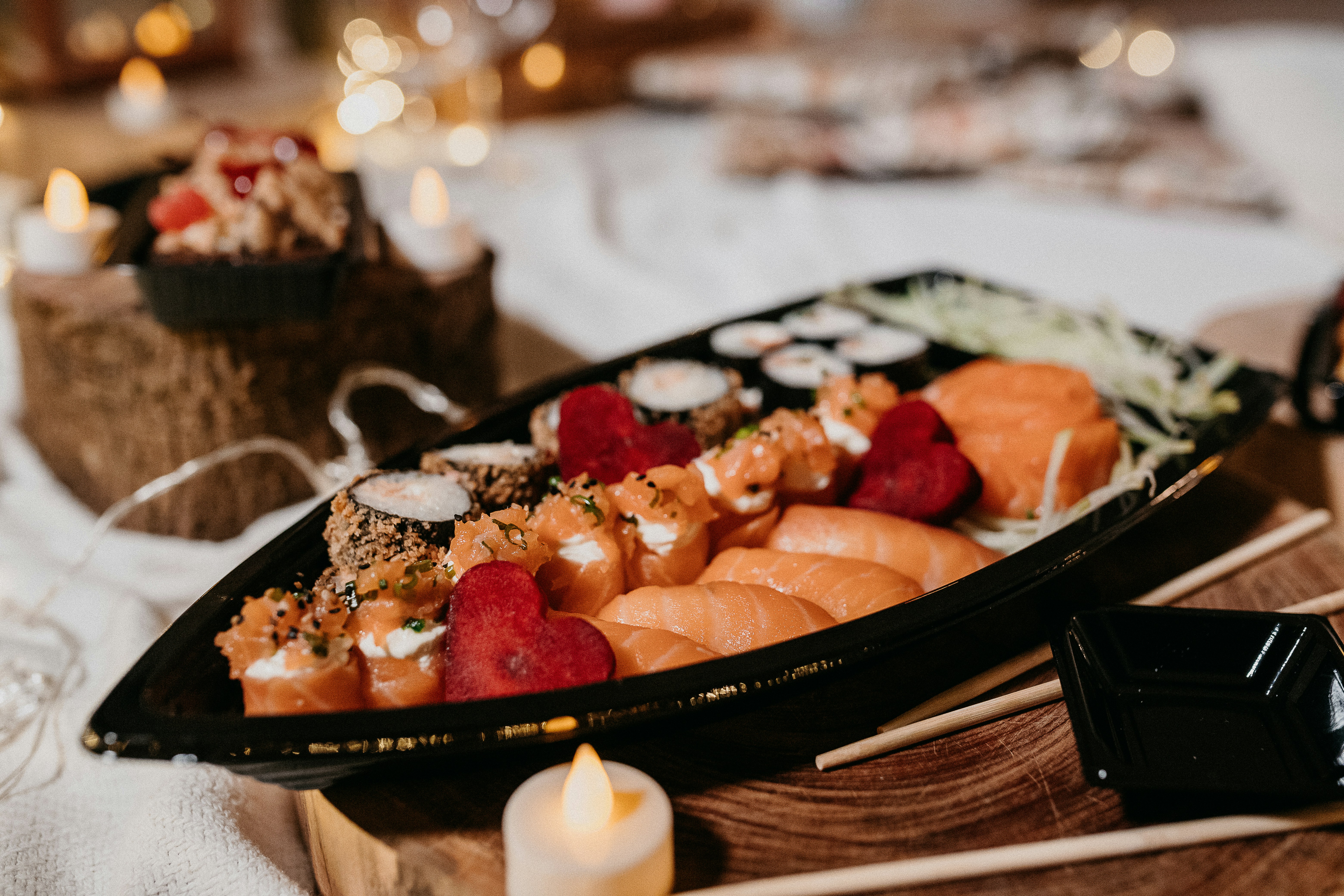 Wedding sushi catering platter with elegant presentation for NYC event