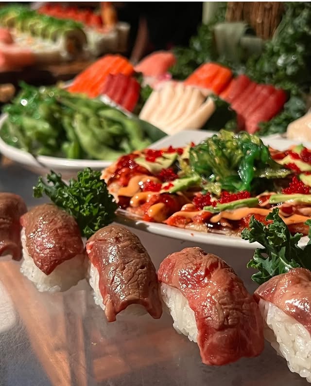 Premium wagyu beef sushi and sashimi platter for NYC catering event